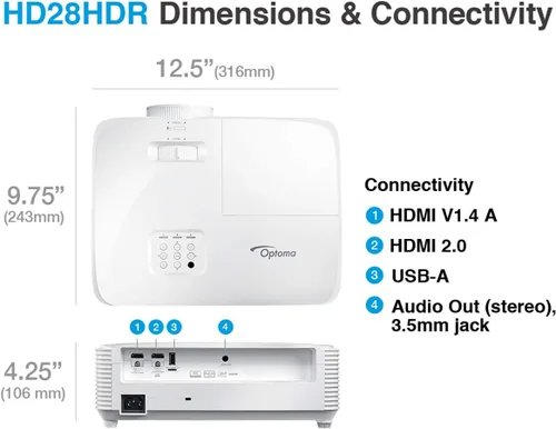 Vista 10 de Optoma Proyector de cine en casa HD28HDR 1080p para juegos y películas Soporte para entrada 4K Compatible con HDR Frecuencia de actualización