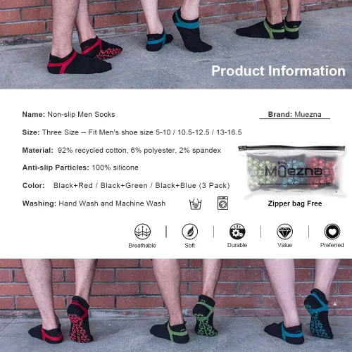 Vista 5 de Muezna Calcetines de yoga antideslizantes para hombre, para pilates, barras, Bikram Fitness Hospital con puños