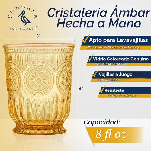Vista 3 de Juego de vasos de beber ámbar Yungala, conjunto de 6 vasos de vidrio ámbar, vasos pequeños de agua de 8 oz, vasos de hobnail aptos