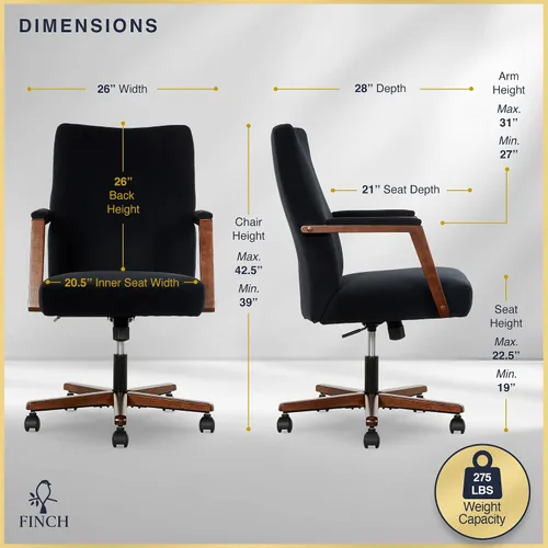 Vista 2 de Finch NEO ONE - Silla ejecutiva ergonómica giratoria de tela de terciopelo/madera, color negro (52304-BLK)