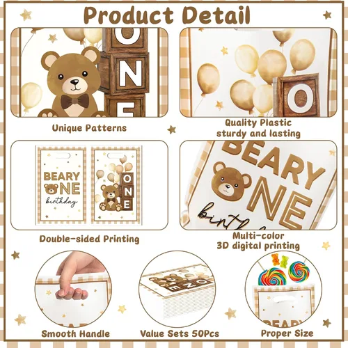 Vista 3 de Bolsa de Regalo para Primera Fiesta de Cumpleaños Oso 50Pcs Bolsas de Dulces y Regalos con Oso Marrón Dulces y Golosinas para Fiesta Temática Oso