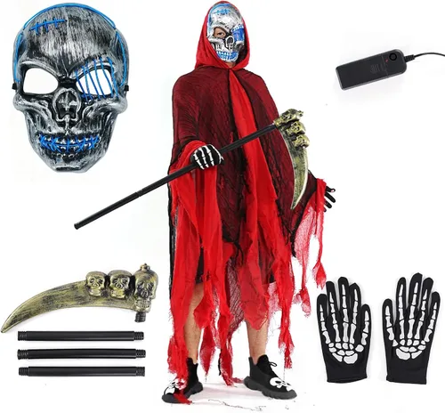 Vista 9 de FathiSooc Conjunto de disfraz de parca de Halloween, máscara de calavera LED, capa andrajosa, guantes de esqueleto, guadaña de calavera