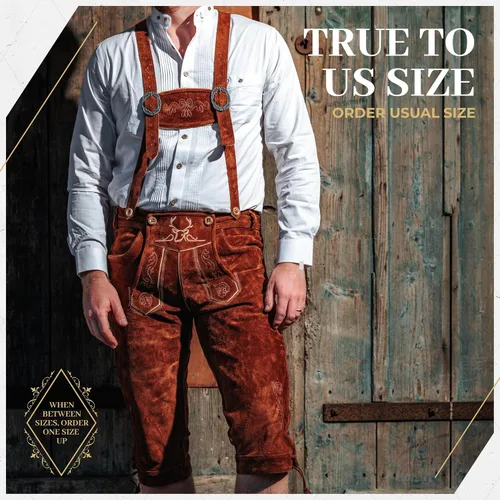 Vista 5 de BAVARIA TRACHTEN Lederhosen - Traje de cuero genuino para hombre, traje de Oktoberfest alemán auténtico para hombre, color marrón claro, largo