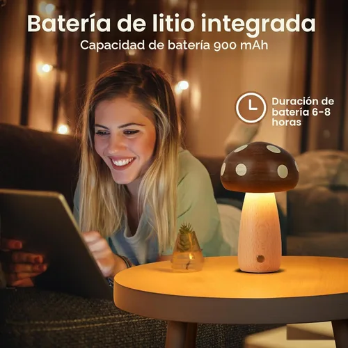 Vista 5 de LONRISWAY Paquete de 2 lámparas de mesa LED de madera con forma de hongo, lámparas pequeñas recargables inalámbricas táctiles, luz nocturna