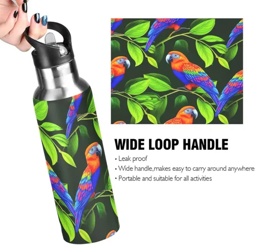 Vista 4 de Insulated Stainless Steel Water Bottle with Straw 20 Oz, BPA-Free Sports Water Bottle with Straw for Gym Outdoor Travel School, Vibrant Birds Green