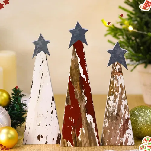 Vista 4 de Soaoo 3 piezas de decoración de mesa de árbol de Navidad rústico de madera para granja, pequeños árboles de Navidad de mesa, centros de mesa