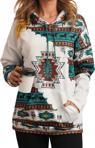 Vista 3 de Lanaoree Sudadera con capucha para mujer, estilo étnico occidental, estampado azteca, vaquera, rombos