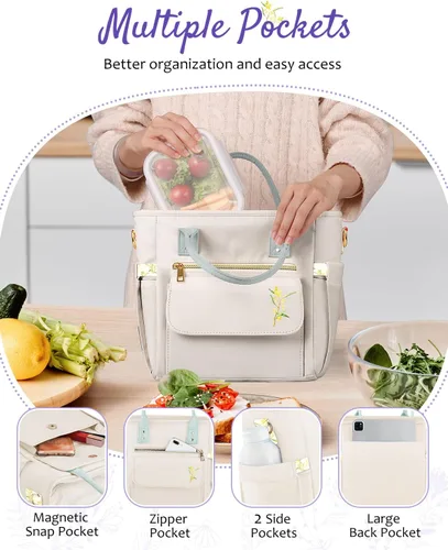 Vista 6 de GLORIEROO Lonchera Deluxe Aislada para Mujeres - Lonchera Térmica a Prueba de Fugas Impermeable con Múltiples Bolsillos y Correa Removible