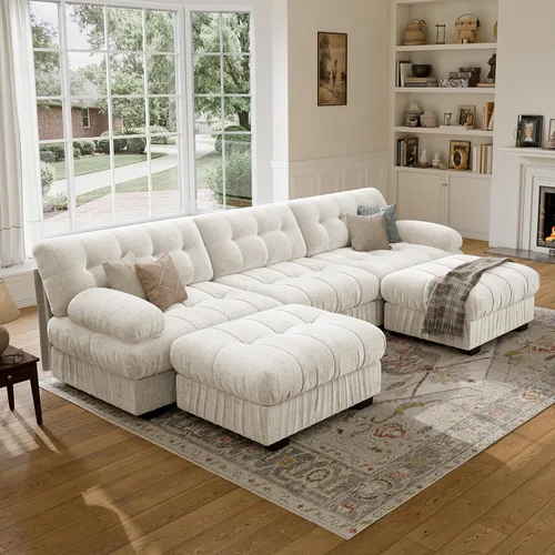 Vista 14 de Sofá modular de gran tamaño de 90 pulgadas con otomana móvil, asiento profundo en forma de L, cómodo sofá de nube de felpilla de 3 asientos modernos