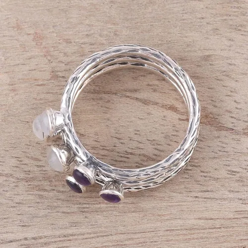 Vista 4 de NOVICA Anillos apilables artesanales hechos a mano con piedra lunar y amatista, plata de ley 925, piedra natal india, piedra natal 'Mystic Union