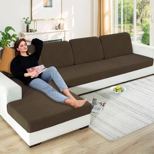 Vista 80 de YEMYHOM Funda de cojín para sofá, funda de cojín de asiento de alta elasticidad, tela jacquard geométrica de felpa, protector de sofá antideslizante