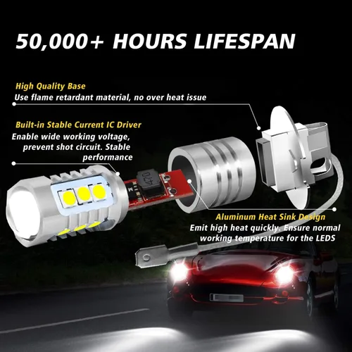 Vista 10 de Bombillas LED antiniebla H3 de 6000 K, xenón blanco, extremadamente brillantes, 3030 chips H3, bombillas LED con proyector para luces antiniebla