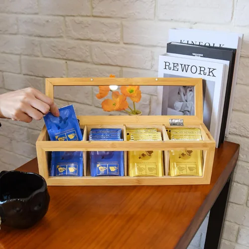 Vista 6 de Organizador de bolsas de té, soporte para bolsas de té de bambú, con tapa magnética y ventana, 4 compartimentos para almacenamiento de bolsas de té