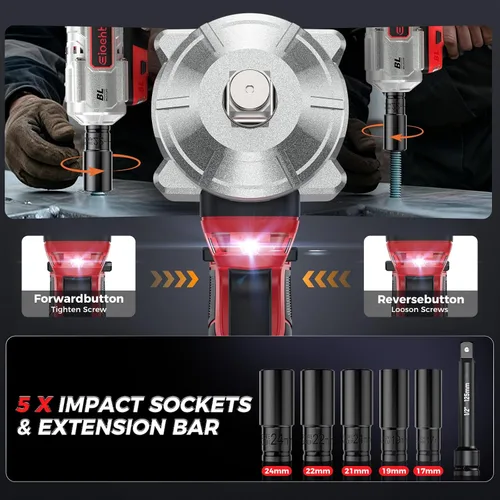 Vista 5 de Llave de impacto inalámbrica, 1200 Nm (900 pies-libras) Pistola de impacto sin escobillas de 1/2 pulgada, baterías de 2 x 4.0 AH motor de impacto