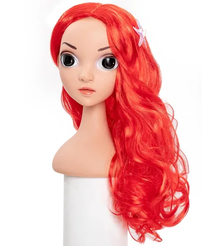 Vista 4 de Funna Peluca de sirena para niñas, disfraz de princesa con horquilla de estrella de mar para Halloween, cosplay, rojo, L