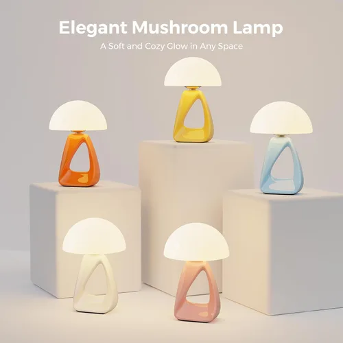 Vista 8 de Lámpara de hongo, pequeña lámpara de mesa para dormitorio, lámpara de noche creativa geométrica con base de cerámica, lámpara de mesa auxiliar
