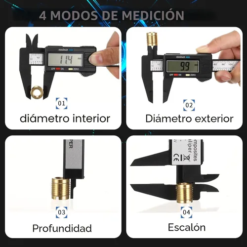 Vista 2 de Calibrador digital, 6 pulgadas / 150 mm, herramienta de acero inoxidable, calibre Palmer con pantalla LCD grande, fácil de cambiar de pulgadas a mm