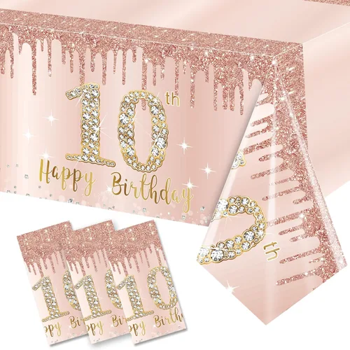 Vista 13 de Pack de 3 manteles de cumpleaños número 70 para mujer, rosado y dorado, mantel de plástico desechable rectangular para fiesta de cumpleaños número