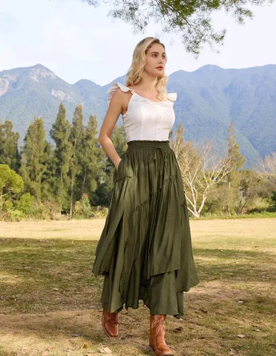 Vista 2 de Scarlet Darkness Falda larga renacentista con capas para mujer, con cintura alta, elástica, con bolsillos