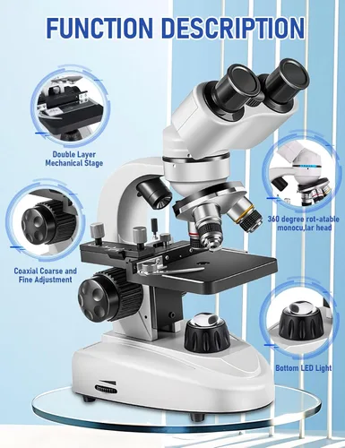 Vista 6 de Microscopio compuesto binocular 40X-2000X, microscopio profesional de grado de investigación con platinas mecánicas duales y perillas coaxiales