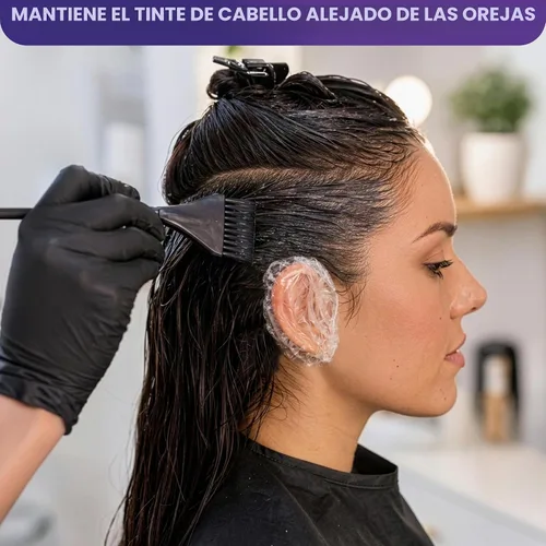 Vista 7 de 100 fundas desechables para los oídos para la ducha, tapas de plástico Cubiertas para los oídos para tinte para el cabello y color de salón, borde