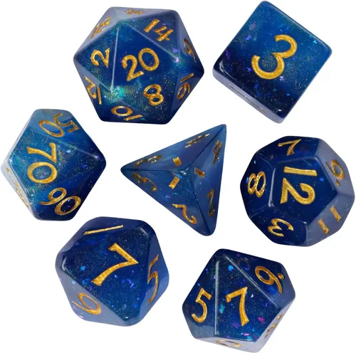 Vista 34 de Juego de dados de resina para DND, juego de 7 dados poliédricos negros D&D rellenos con papel de colores brillantes para juegos de rol