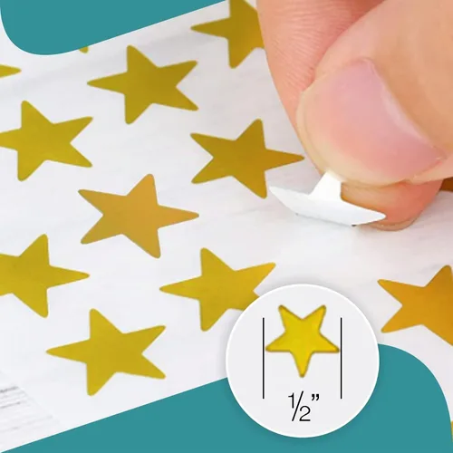 Vista 3 de Calcomanías de estrella de 1000 unidades. Calcomanías pequeñas doradas. Calcomanías de estrella de papel de aluminio de ½ pulgada de diámetro