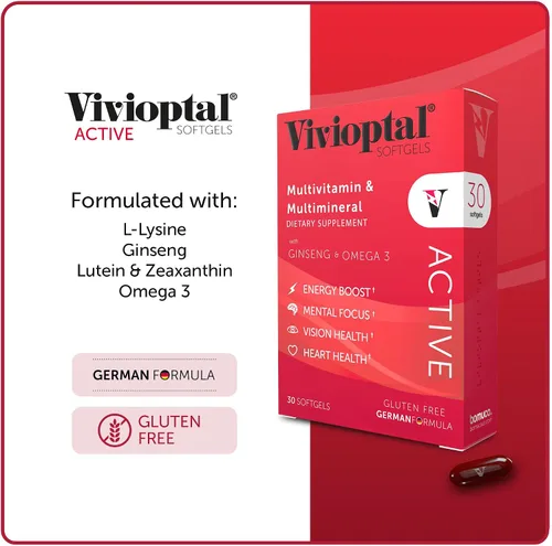 Vista 5 de Vivioptal Active, 30 cápsulas blandas, ginseng y omega 3, multivitamínico y multimineral, sin gluten, fórmula alemana