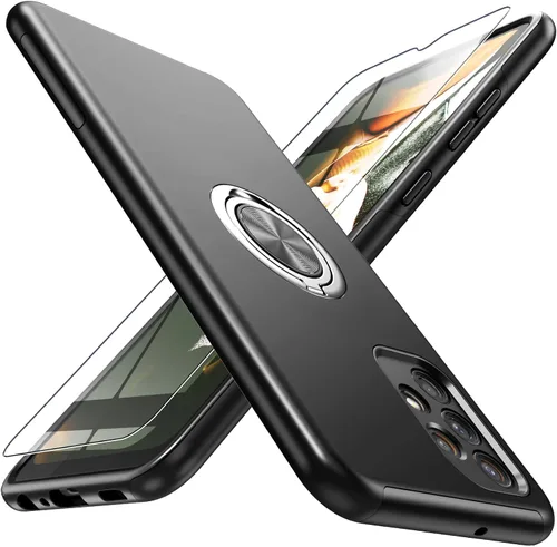 Vista 23 de Funda para Galaxy A13 5G con protector de pantalla (vidrio templado), funda híbrida 2 en 1 protectora delgada y resistente con anillo magnético Negro