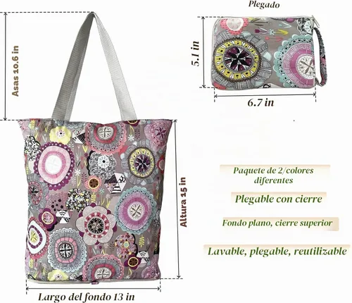 Vista 2 de NC - Bolsas grandes plegables, impermeables, ligeras, duraderas, reutilizables, resistentes, para compras diarias, estilo floral colorido con cierre