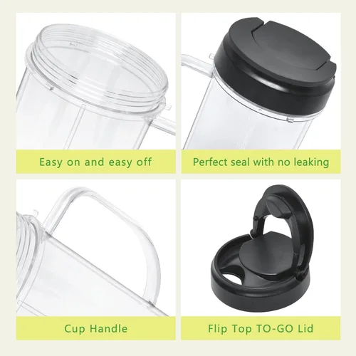 Vista 4 de Paquete de 2 piezas de repuesto para tazas de licuadora Magic Bull, taza alta de 22 onzas con tapa abatible para llevar, piezas de repuesto