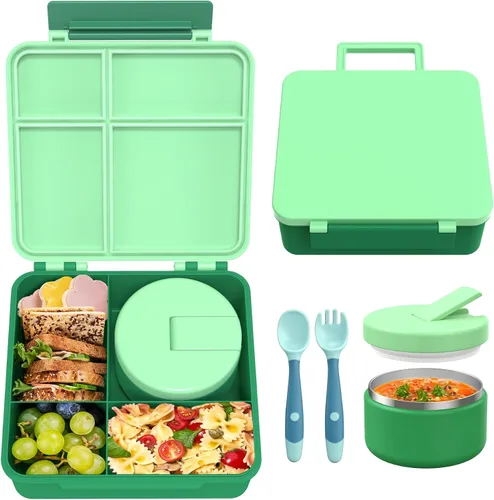 Vista 11 de Lonchera Bento con termo de sopa de 8 onzas, recipientes de almuerzo a prueba de fugas con 4 compartimentos, tarro térmico para comida caliente