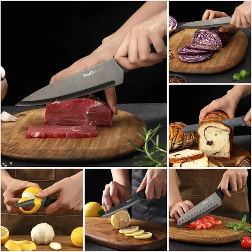 Vista 5 de Wanbasion Juego de cuchillos de cocina profesional negro, de acero inoxidable, apto para lavavajillas con fundas