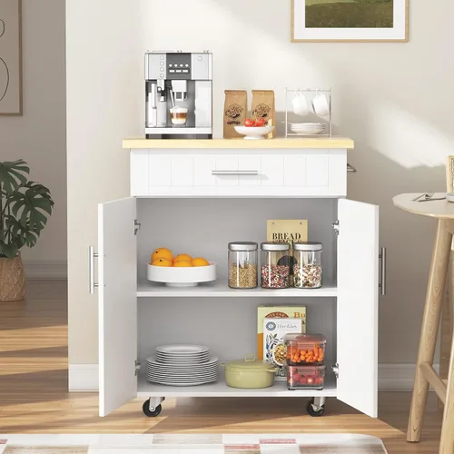 Vista 10 de JY QAQA Isla de cocina de 26 pulgadas con ruedas con armario de almacenamiento, armario de cocina con estantes, asa de carrito para toallero