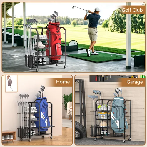 Vista 6 de Golf Bag Storage Organizer for Garage, Single Golf Bag Garage Organizer with Golf Club Rack, Shoe Shelves & Ball Storage, Rolling Golf Storage Rack