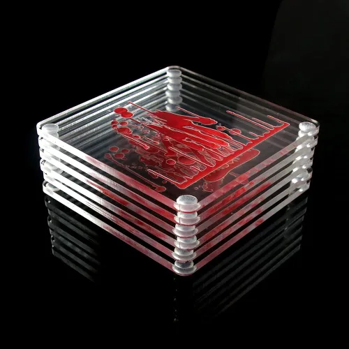 Vista 3 de Juego de 6 posavasos con salpicaduras de sangre de 4 pulgadas, posavasos cuadrados de vidrio acrílico transparente para manualidades