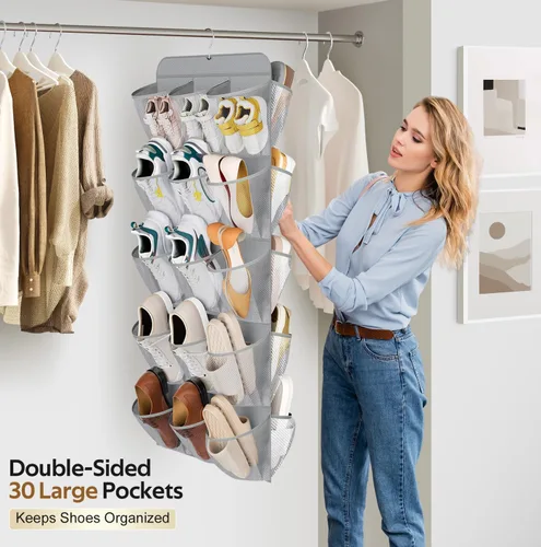 Vista 2 de MISSLO Organizador de zapatos colgante de doble cara con 30 bolsillos grandes para armario, con colgador giratorio, estantes colgantes para zapatos