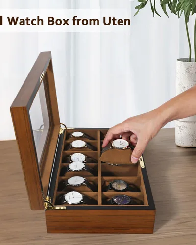 Vista 2 de Uten Caja de reloj con 12 ranuras, organizador de caja de reloj con cerradura dorada y llave, caja de almacenamiento de madera con cojines de reloj