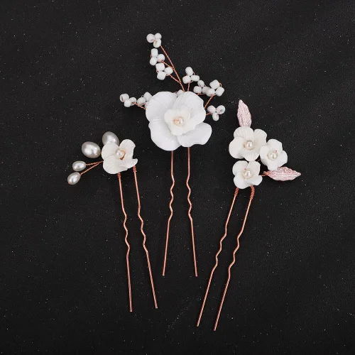 Vista 6 de Teyglen 3 horquillas para el pelo de boda, horquillas de flores para novia, flores y hojas, pinzas para el cabello de perlas para novia, accesorios