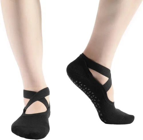 Vista 4 de Pauboland Paquete de 6 calcetines acolchados negros para mujer, antideslizantes, piyo barre, pilates, ballet, yoga, con agarres, talla 4-9