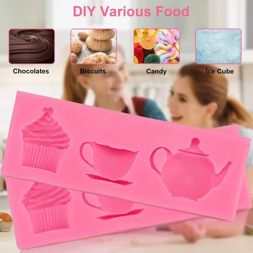 Vista 3 de Meiyouju - Juego de 2 moldes de silicona para tetera, moldes de silicona de grado alimenticio para dulces, decoración de pasteles, chocolate