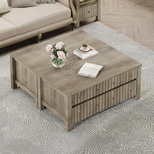 Vista 3 de WAMPAT Paquete de 2 mesas auxiliares modernas, mesa auxiliar rectangular con cajones de almacenamiento deslizantes, mesa central con patas de madera