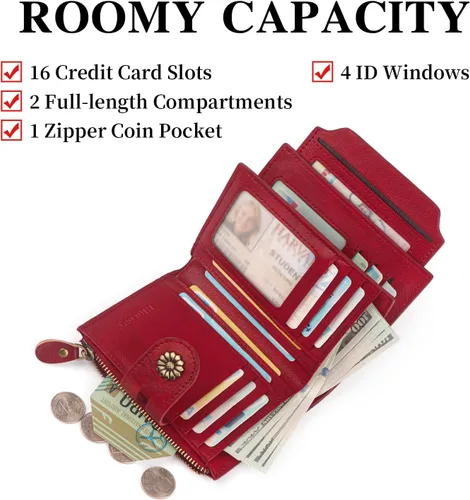 Vista 3 de Cartera de cuero con doble pliegue para mujer, bloqueo RFID, tarjetero compacto, cartera pequeña con ventana para identificación extraíble, A6-rojo