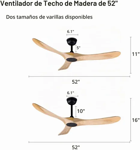 Vista 3 de Ventilador de techo de madera para interiores y exteriores de 52 pulgadas, ventilador de techo CC de 3 aspas con control remoto, 2 varillas Madera