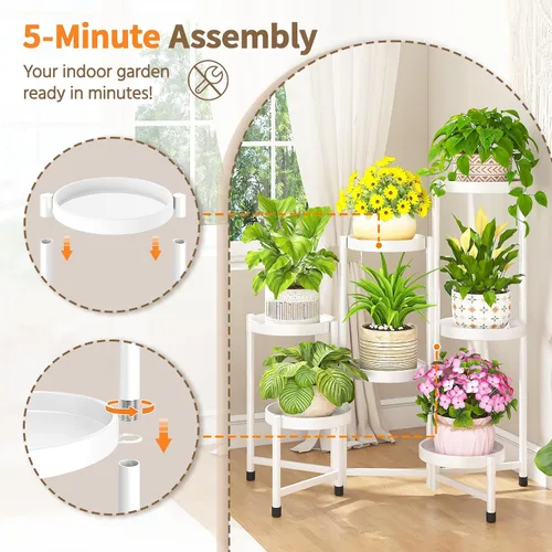 Vista 5 de LASZOLA Soporte para plantas de 7 niveles plegable alto para interior con múltiples macetas grandes, estante de flores ajustable de metal resistente