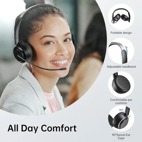 Vista 5 de EKSA Auriculares inalámbricos H35 con micrófono para trabajo, auriculares Bluetooth 5.4 con micrófono con cancelación de ruido AI, tiempo