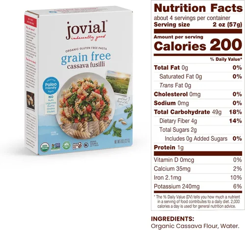 Vista 2 de Jovial Fusilli de yuca sin granos Pasta de yuca Pasta paleo Sin granos Certificado sin gluten Pasta 100% orgánica Certificado orgánico