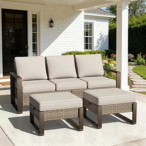 Vista 76 de Joyside - Sofá de mimbre para patio al aire libre, sofá de ratán de 3 plazas con cojines gruesos de olefina y reposabrazos rectangular con marco