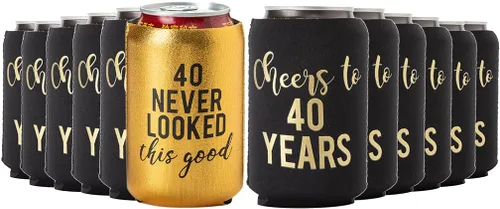 Vista 9 de Saludos a los 40 años – Juego de 12 enfriadores de latas dorados con el texto "40 Never Looked So Good", color negro y dorado para fiestas