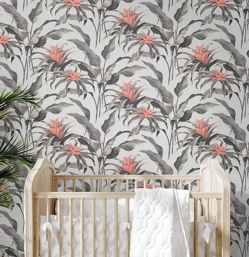 Vista 2 de NextWall Stacy Garcia Home Palma Tropical - Papel tapiz autoadhesivo (plateado metálico y coral)
